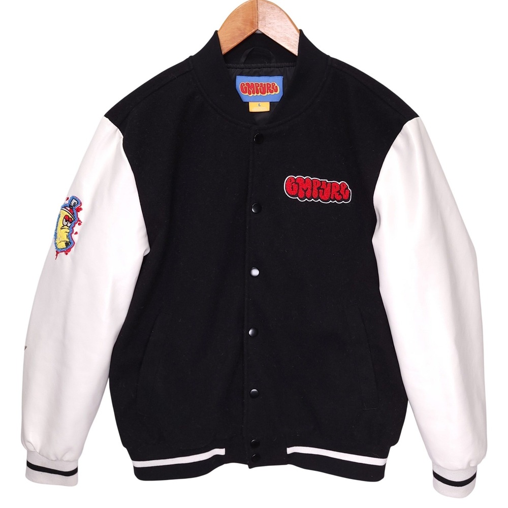 Empyre‎ Mens Black White Varsity Letterman Jacket Cat Graffiti Graphic Large